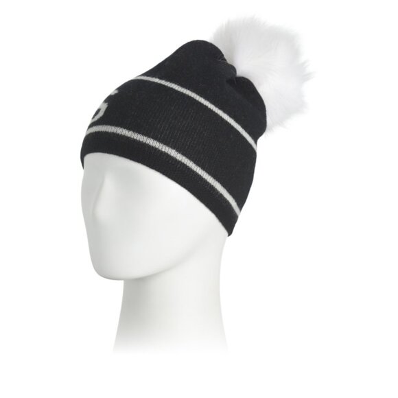 HANNAH ROSE Black/White Merino Wool Blend Apres Hat With Faux Fur Pom - Picture 1 of 2